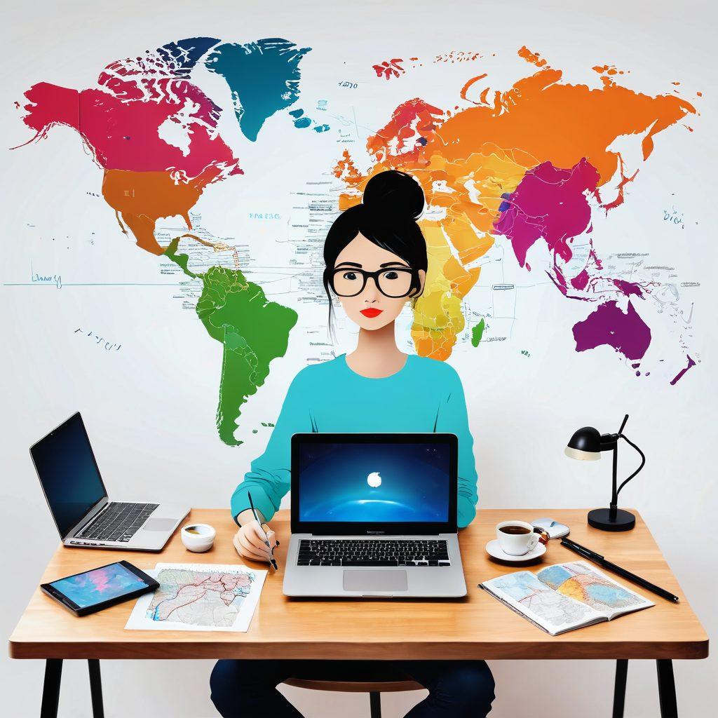 A vibrant illustration of a blogger at a desk, surrounded by a glowing laptop displaying a world map to signify global reach. The scene should include colorful social media icons floating around, symbolizing online connections. Incorporate a variety of decorative journals and a coffee cup to represent the journey from personal reflection to public sharing. The background should be a blend of pastel colors to create an inviting atmosphere. digital art. vibrant colors. white background.