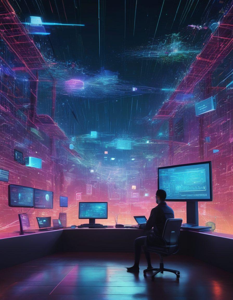 A visually striking digital landscape depicting a vibrant cyber world filled with floating web pages, data streams, and intricate network connections. In the foreground, a person interacts with a holographic interface, surrounded by icons representing various web publishing tools. The sky above sparkles with binary code while brightly colored circuits weave through the scenery. The overall atmosphere should evoke a sense of adventure and innovation in web publishing. cyberpunk. vibrant colors. 3D.