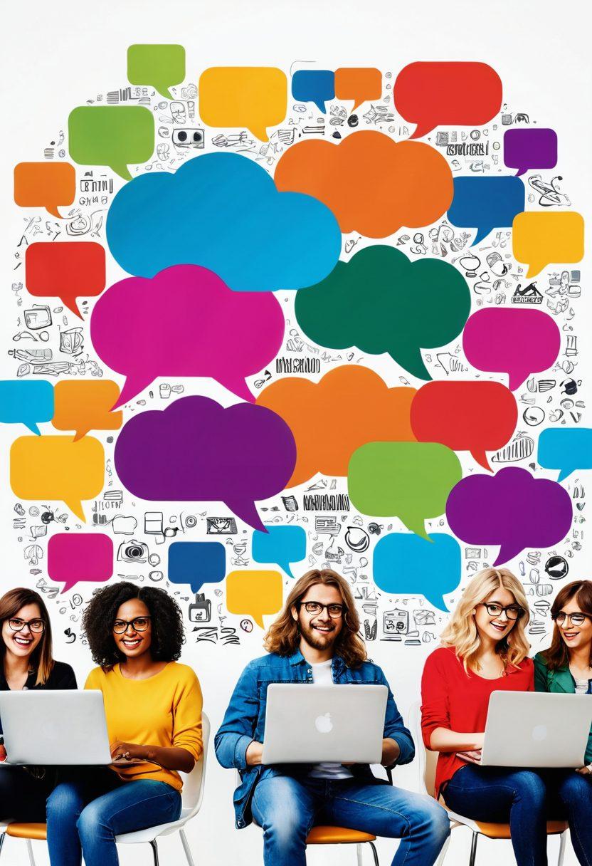 A dynamic scene of a diverse group of individuals passionately engaged in blogging, surrounded by digital devices like laptops and smartphones. The backdrop features vibrant speech bubbles filled with colorful ideas, words, and symbols representing creativity and communication. Bright, energetic colors to symbolize the digital age, incorporating elements like social media icons and a glowing keyboard. super-realistic. vibrant colors. white background.